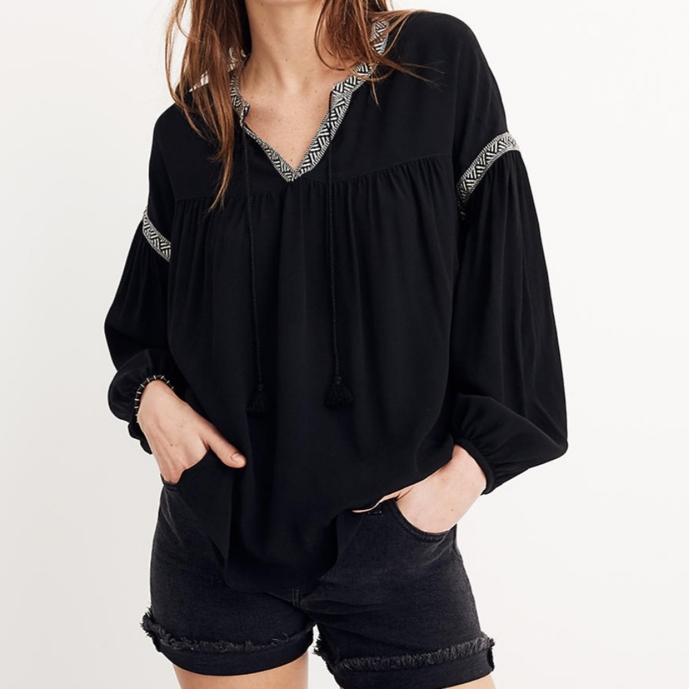 Madewell Blouson Sleeve Top Blouse Peasant Pirate Boho Black Flowy Longsleeve